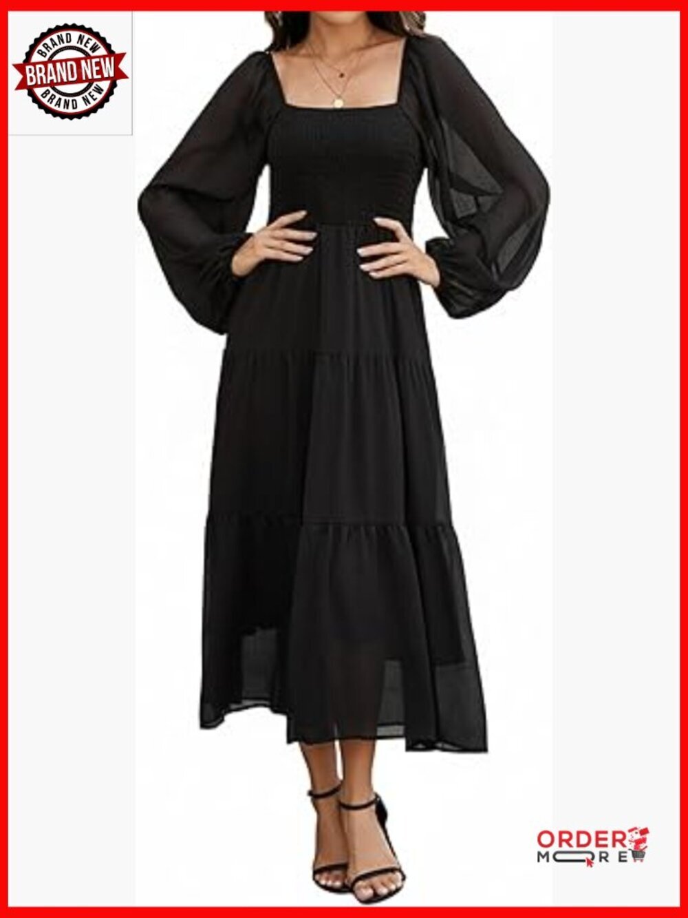 Boho Maxi Dress with Long Puff Sleeves Square Neck Smocked Tiered Flowy